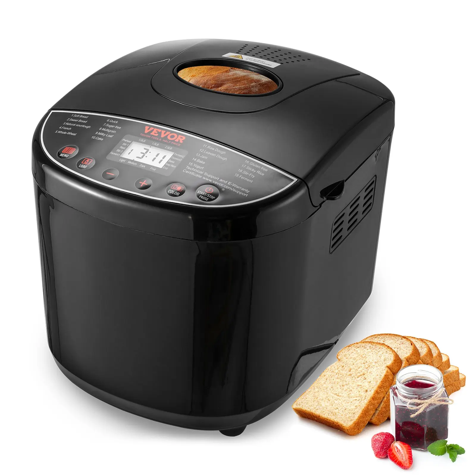 【DealsForYouDays】VEVOR 19-in-1 Model 2LB Bread Maker, Nonstick Ceramic Pan Automatic Breadmaker with Gluten Free Setting, Whole Wheat Bread Making, Digital Timer, Programmable Settings, 3 Loaf Sizes, 3 Crust Colors, Beginner Friendly