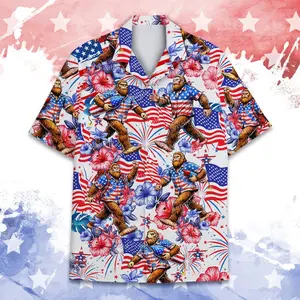 Bigfoot American Flag Hawaiian Shirt For Men Women, Funny Bigfoot Patriotic Button-Down, 4th of July Shirt Short Sleeve