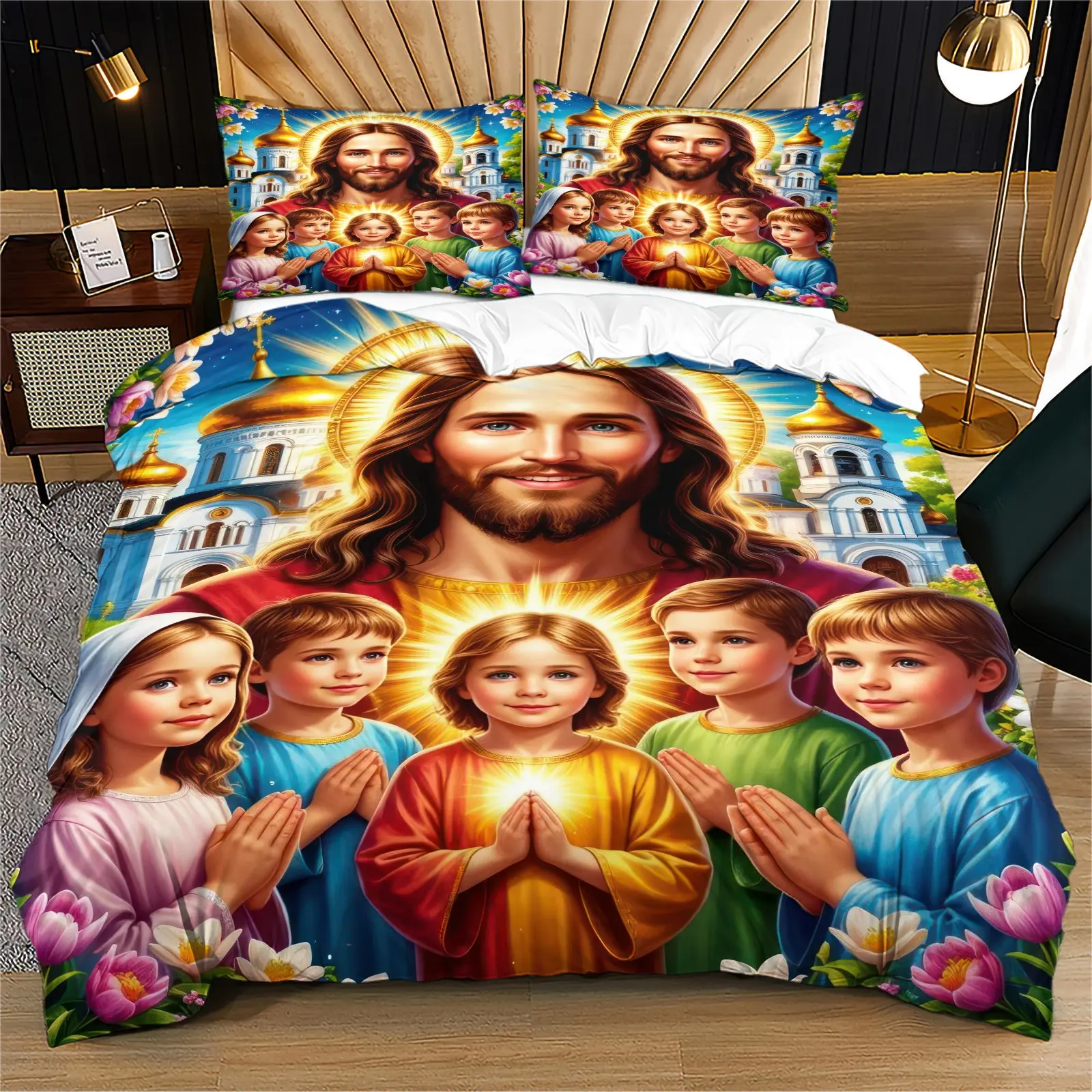 Heartwarming Jesus Christ & Children Duvet Cover Set, Vibrant Religious Bedding, Soft & Breathable, Zipper Closure, Ideal Gift for Christians