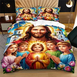 Heartwarming Jesus Christ & Children Duvet Cover Set, Vibrant Religious Bedding, Soft & Breathable, Zipper Closure, Ideal Gift for Christians