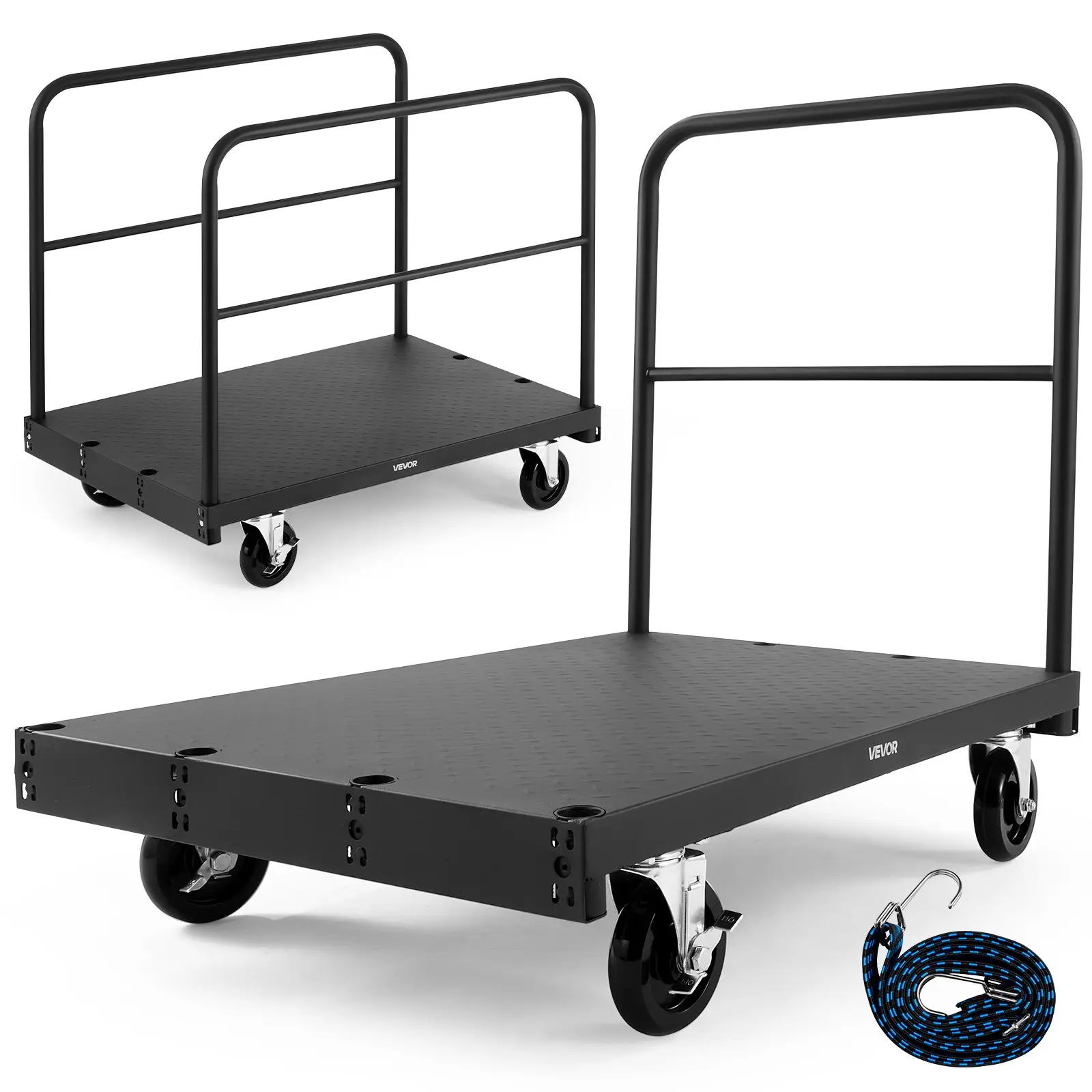 VEVOR 1800lb Rectangular Drywall Cart Dolly, 2-in-1 Steel Platform Truck with 36x24in Flat Surface, 5in Swivel Casters & 3 Side Rails, for Factory/Garage Use, Black Single Unit