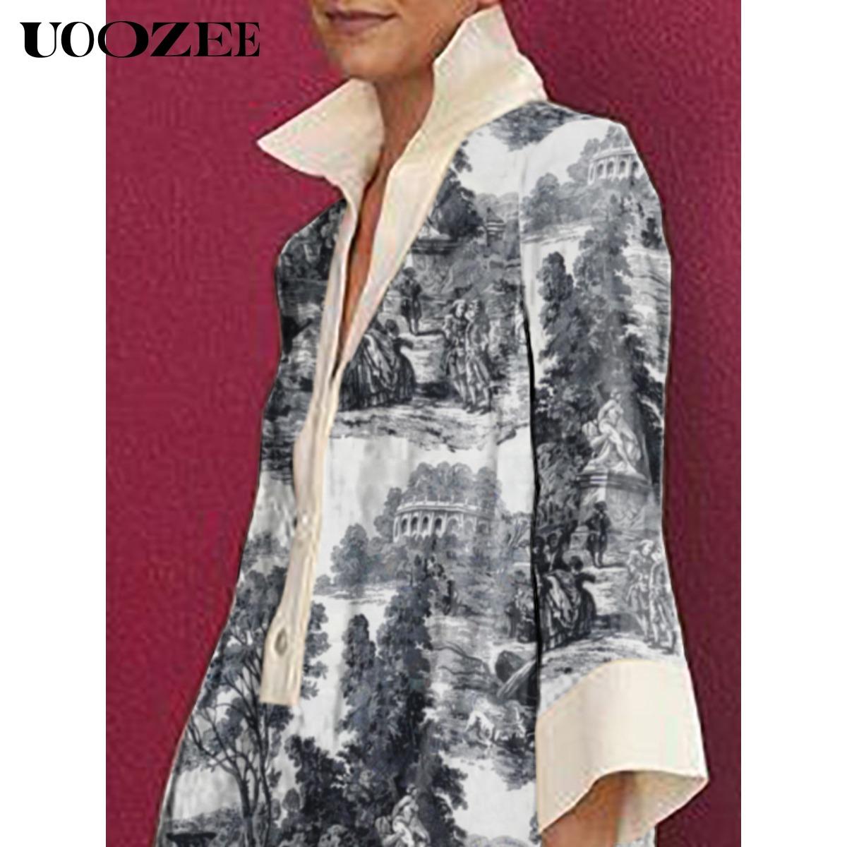 Women's Cotton Collared Long Sleeves Loose Printed Lapel Mini Dresses Shirt Dress Summer Casual Hand Wash Only