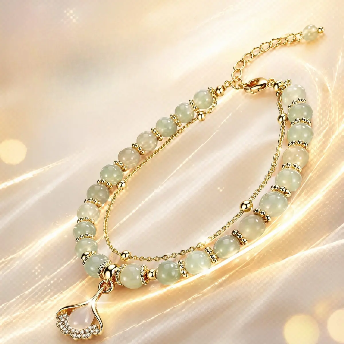 laid Crystal Ginkgo Leaf Pendant, Dainty Oriental Elegant Daily Wear Accessory, Sentimental Birthday Mother’s Day Friendship Gift for Her Timeless Stackable Beaded Bangle