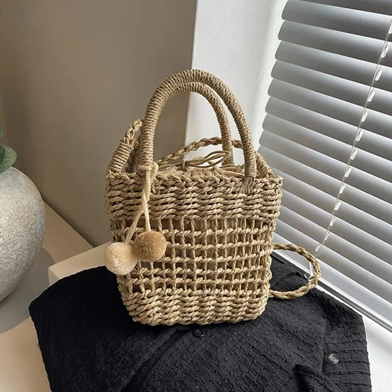 Grass Woven Rattan Storage Basket Crossbody Bag Handmade Straw Woven Basket Small Handbags Beach Shoulder Bag