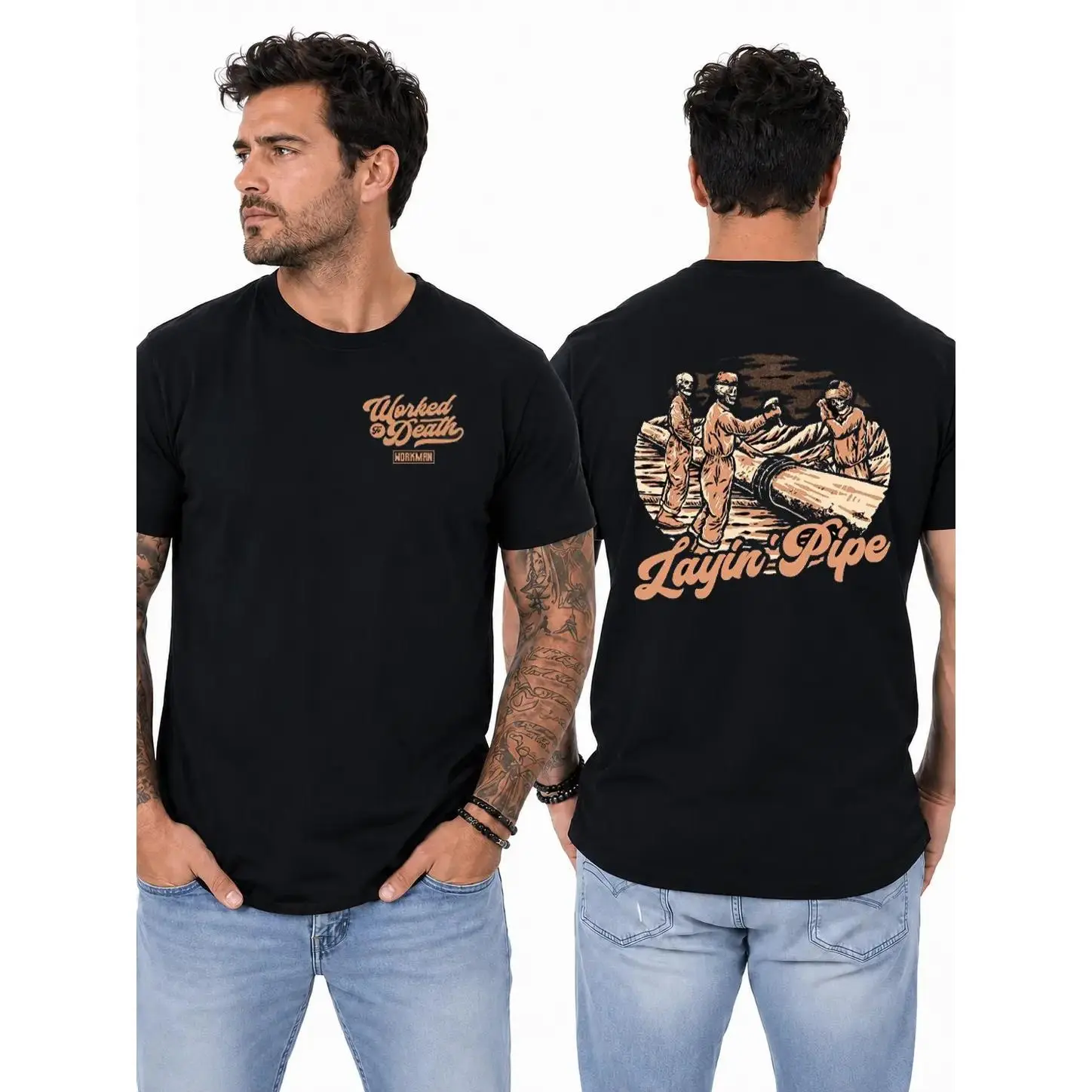 Layin’ Pipe Short-Sleeve Casual Round Neck T-Shirt, Pipeline Crew & Industrial Pipe Installation Graphic Top, Blue Collar Workwear for Pipefitters, Gift for Skilled Tradesmen