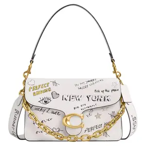 COACH Chain Tabby 26 Letter Print Grain Leather Crossbody Handbag for Women, Medium Size, White