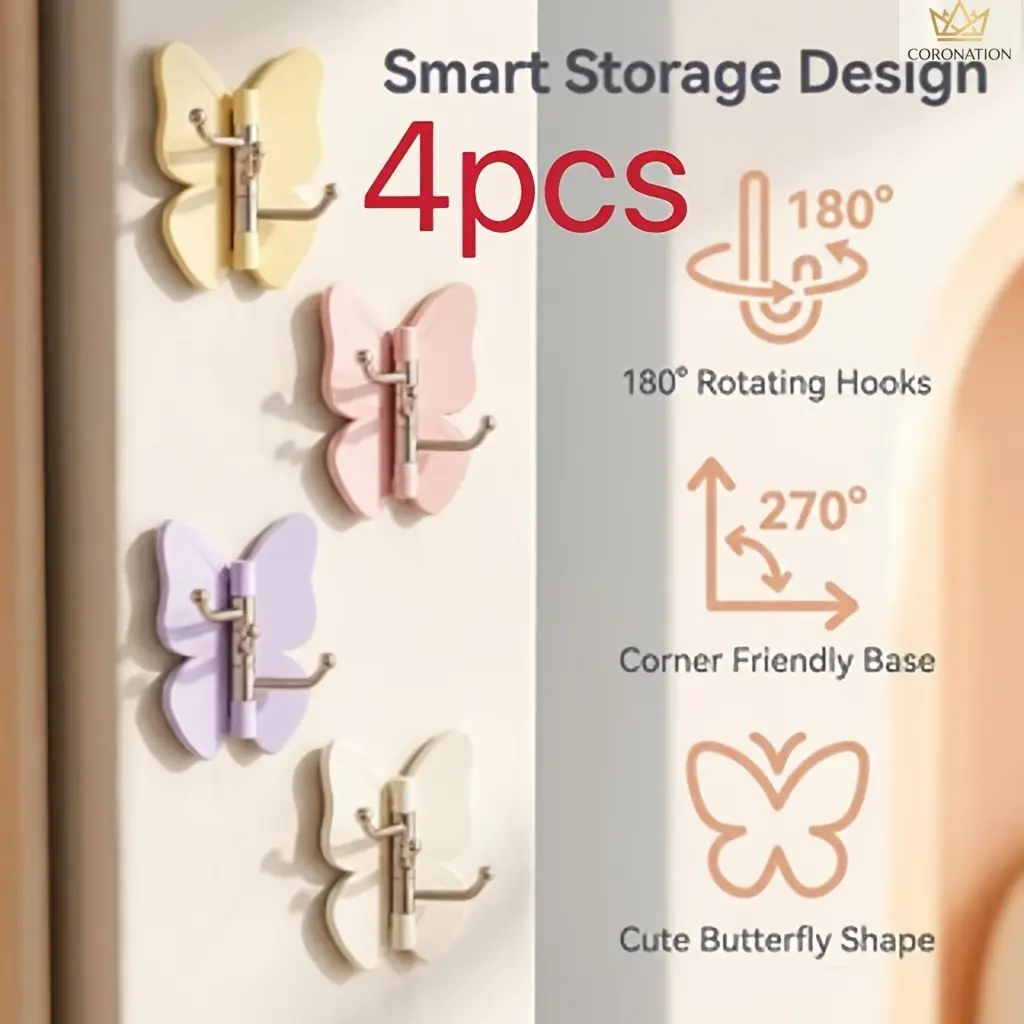 4 Pack Heavy Duty Butterfly Wall Hooks, 360° Rotating Adhesive Hooks with Adjustable Fins & 3-Tooth Design, No Drill Self Stick Wall Mount Hooks for Bathroom, Kitchen, Entryway, Porch, Towels, Utensils & Home Organization