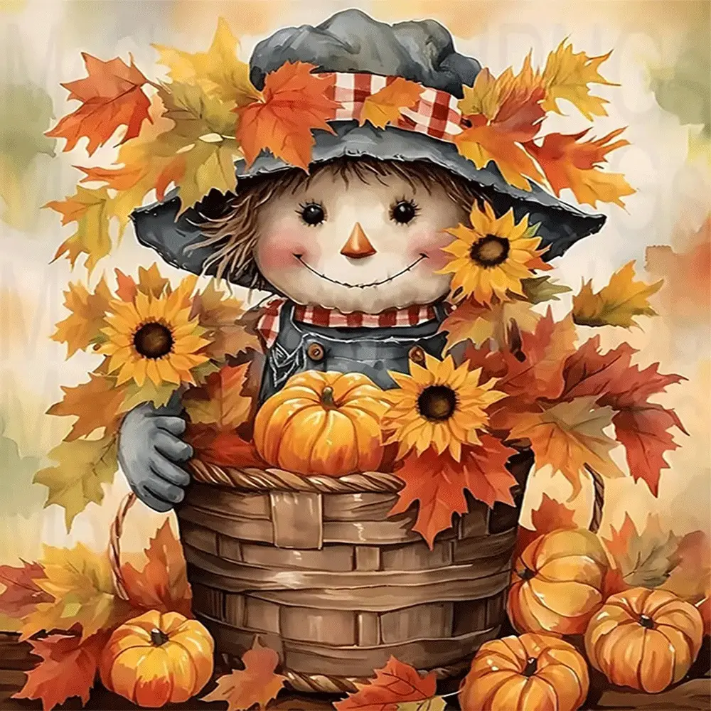 1PC,2D Autumn Scarecrow Diamond Painting Kit with Pumpkins Sunflowers and Fall Leaves DIY Craft Handcraft for Home Decor Thanksgiving Halloween Wall Art Handmade Gift for Adults Kids Beginners