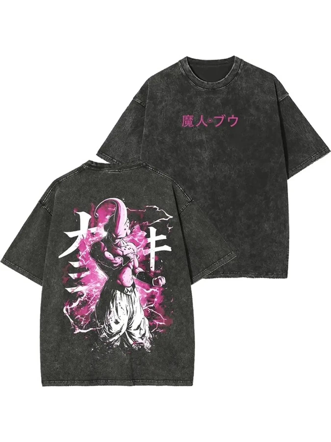 Dragon Ball Majin Buu Graphic T-Shirt Vintage Washed Black Oversized Anime Tee, Graphic Washed Oversized Tee for Men & Women, Summer Round Neck Short Sleeve, Sports and Workout Shirt