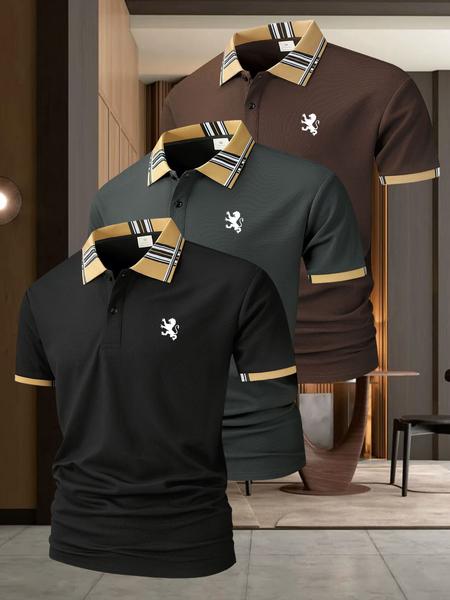 3pc A672 Lion Print British Style Men's Casual Short Sleeve Shirt, Golf Sports Polo Shirt, Golf Tournament Shirt, Summer Fitted Outdoor Wear 3pc A672 Lion Print British Style Men's Casual Short Sleeve Shirt, Golf Sports Polo Shirt, Golf Tournament Shirt, Summer Fitted Outdoor Wear