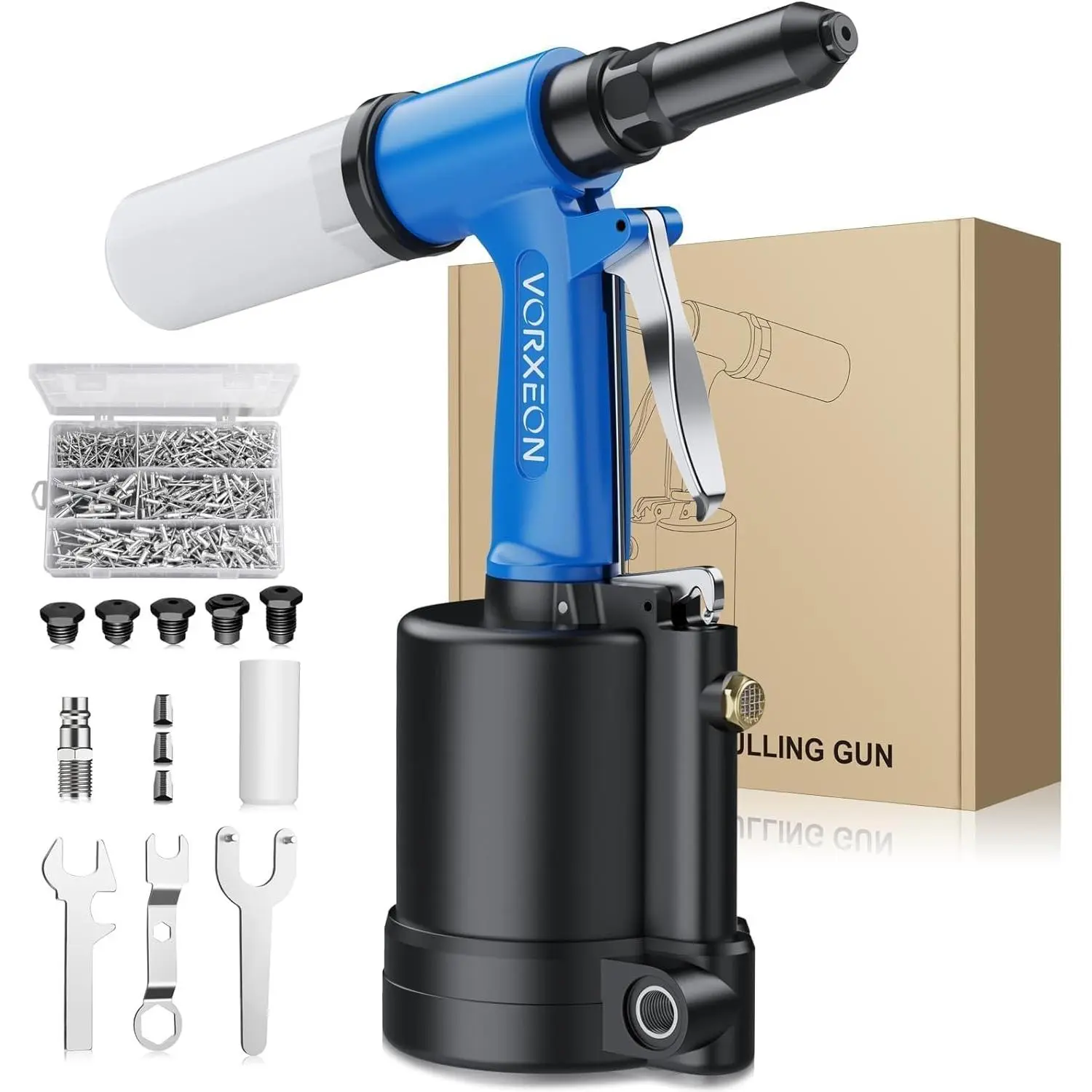 Pneumatic Air Rivet Gun (3/32"-1/4" Inches) with 500 Aluminum Blind Rivets, 3916 Lbf Pulling Pressure, Power Tool for Metalworkers, Automotive Applications