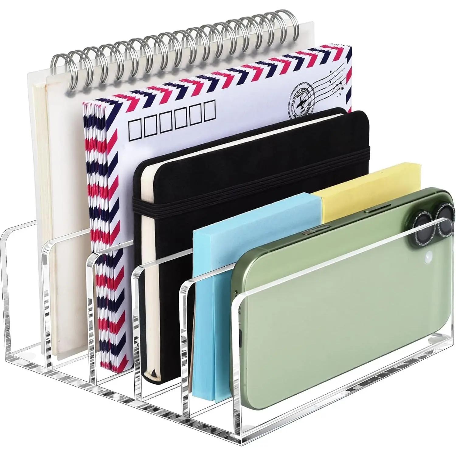 Acrylic Mail Holder, Clear Multifunction Desk Organizer with Divider, Vertical Letter Sorter for Desktop, 5 Compartments Modern Office Home Envelope Organizer for Bill, Document, FolderGift