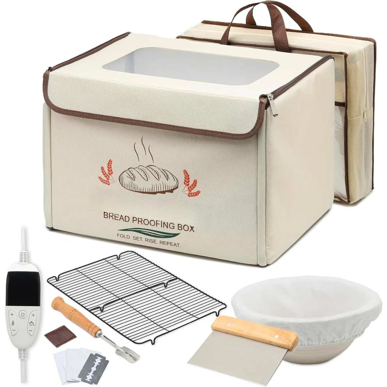 Bread Proofing Box Sour Dough Proofing Box for Sourdough Bread Proofer Warming Box Proofing Oven Yogurt Maker with - 9 Inch Proofer Basket, Lame, Scraper, Metal Rack - Temperature 68-131℉ 99 H Timer