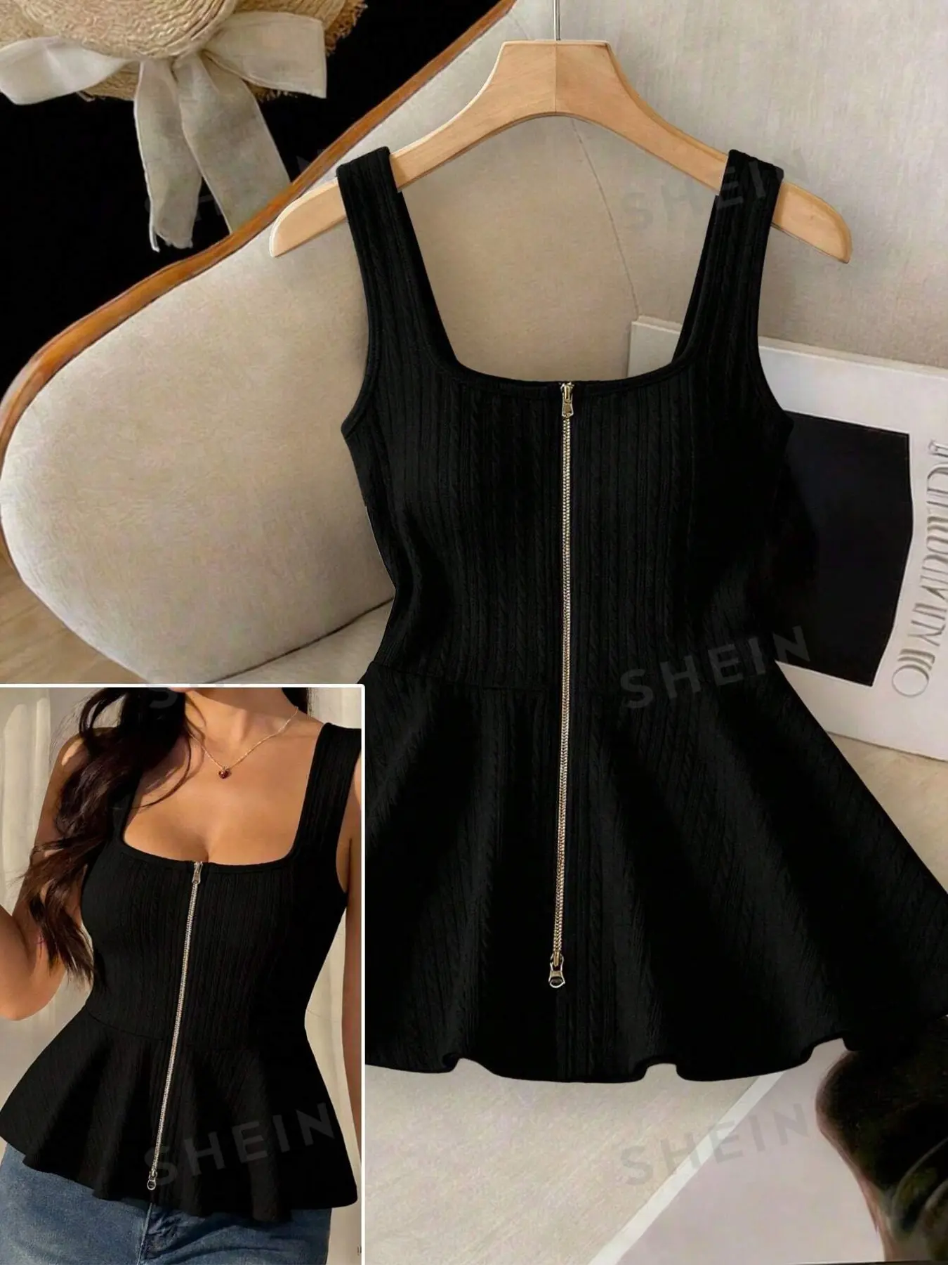 Women's Solid Color Knitted Square Neck Sleeveless Front Zipper Ruffle Hem Slim Fit Strapless Tank Top, Elegant and Comfortable Design