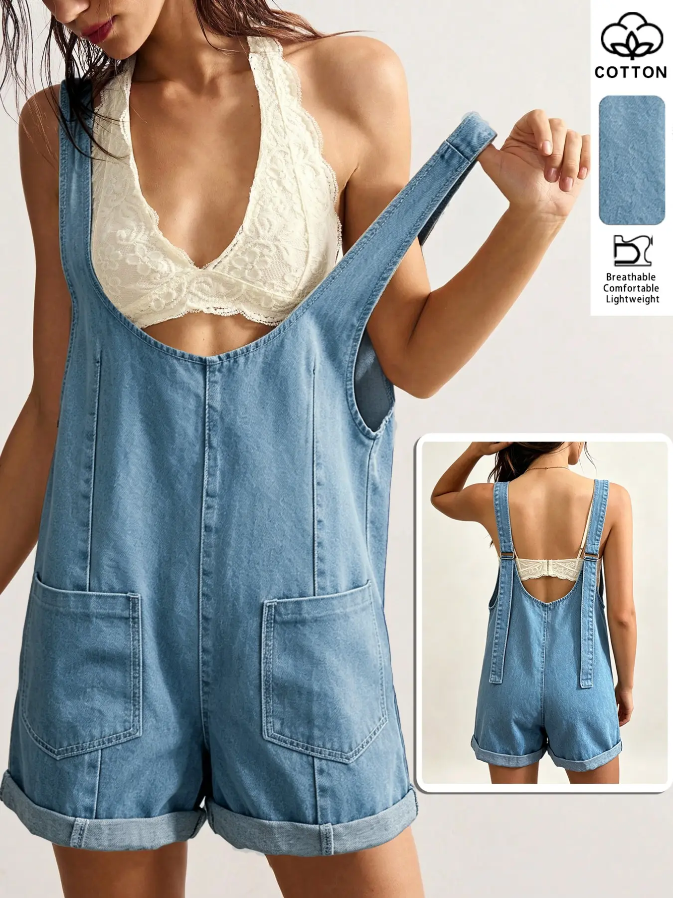 Light Wash High Waist Casual Baggy Patch Pocket Sleeveless Rolled Hem Denim Short Overalls