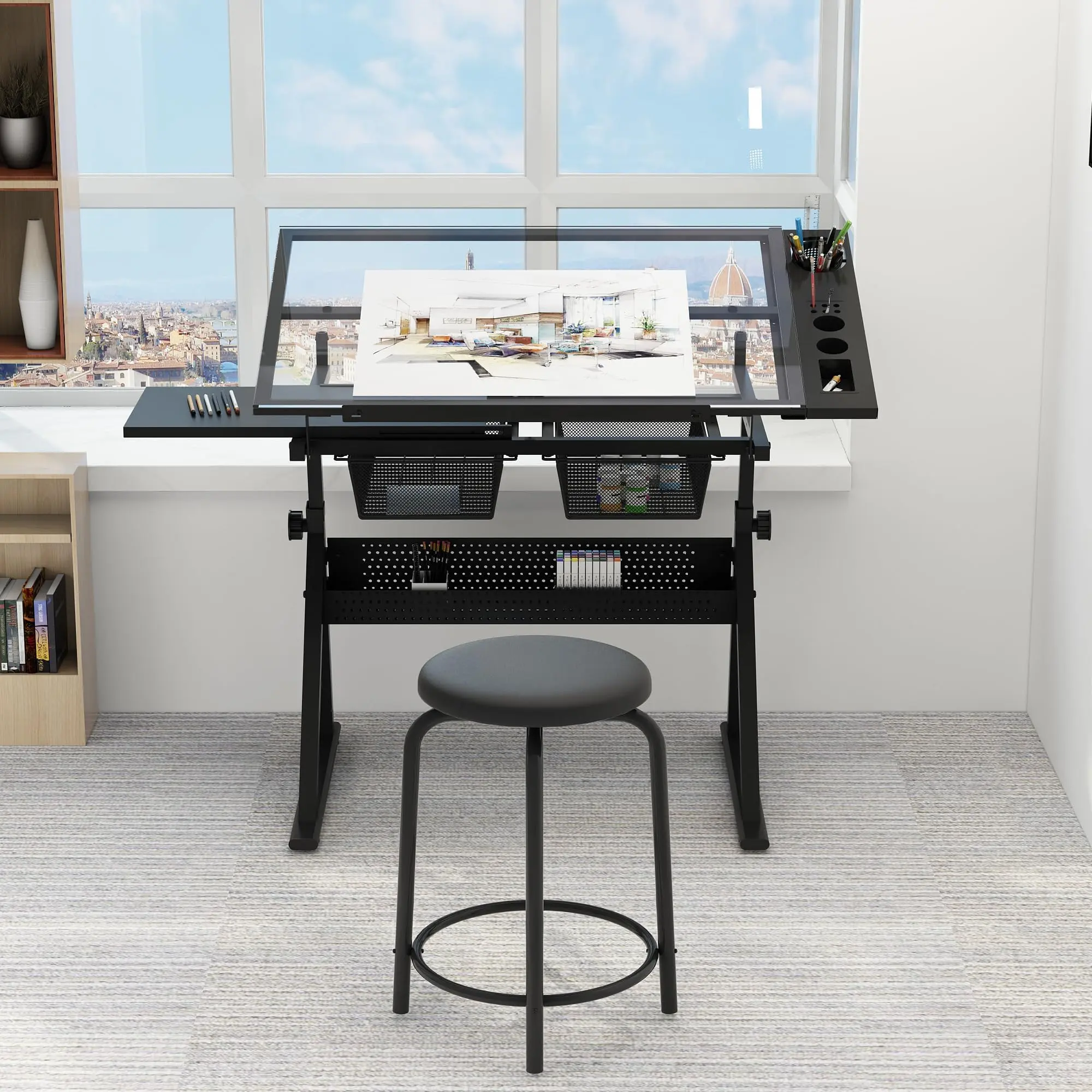 Adjustable Height Drawing Table Craft Table for Adults with Storage Drawers, Folding Artist Table, Tiltable Art Painting Table, Professional Art Workstation with Extra Side Desktop