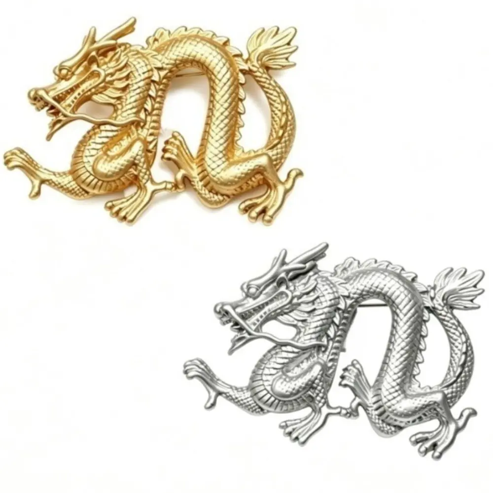 2 Styles Chinese Dragon Brooch Matte Gold Silver Two Tone 3D Embossed Scale Unisex Auspicious Animal Suit Lapel Pin