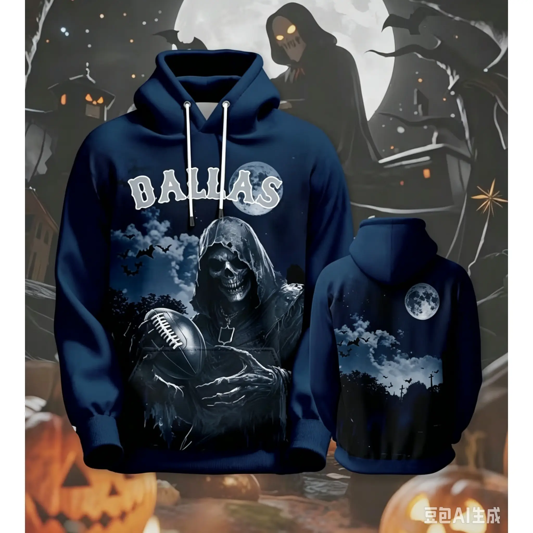 Men's Football Halloween Hoodie, All Hallows' Eve Skeleton Long Sleeve Sweatshirt, for Football Lovers,Game Day Outfit, FallWinter Halloween Costume, Football Game Day Team Fan Hoodie
