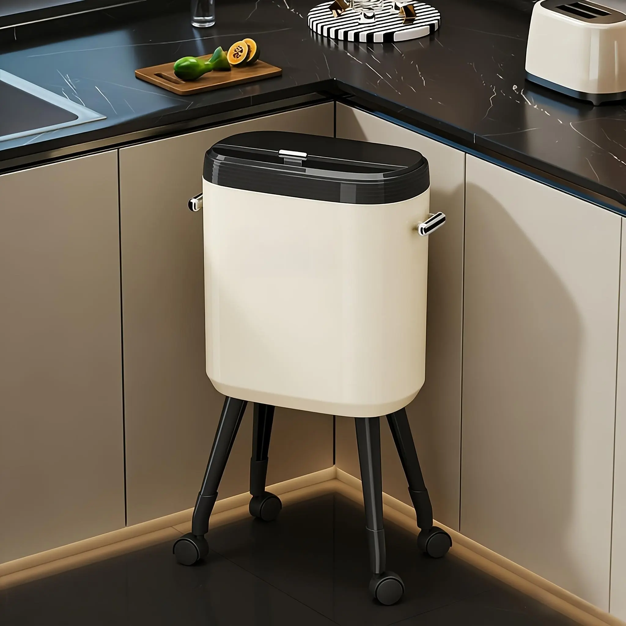 High foot with wheels to move the trash can, no need to bend over and separate the inner and outer buckets, large-capacity silent universal wheel kitchen trash can for home use Garbage Cans For Kitchen Garbage Can With Lid