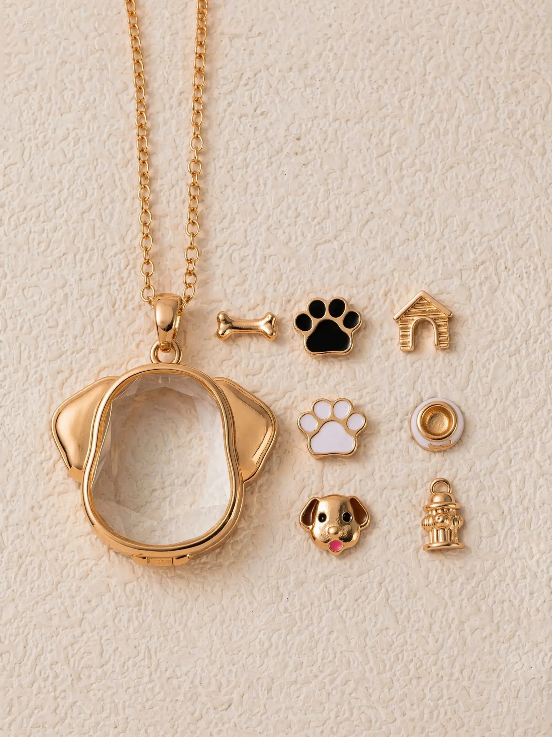 8-Piece Pet Dog Memory DIY Pendant Necklace, Copper Plated Kc Gold Frame with Fun Bone and Paw Print Accessories, Ideal for Dog Lovers