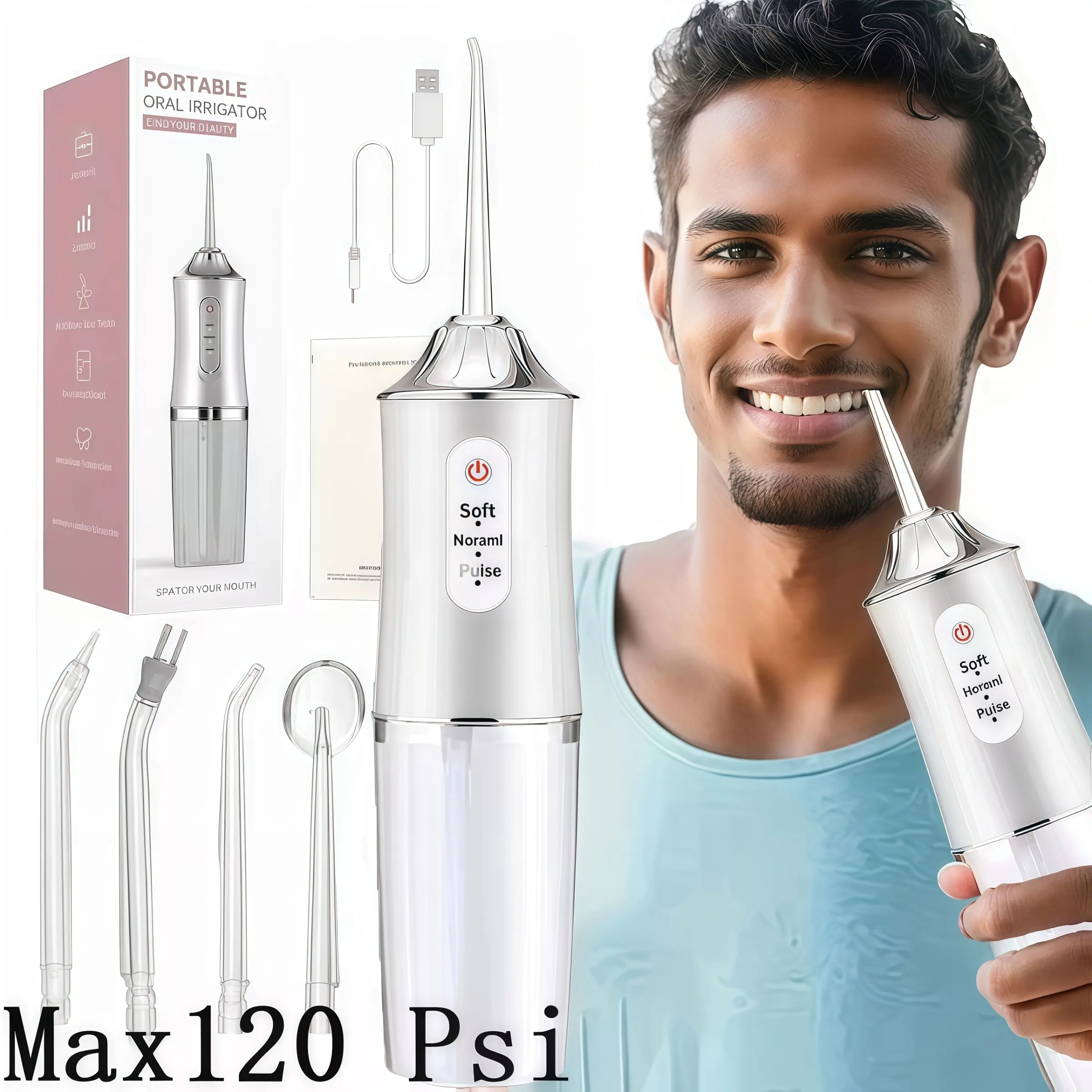 USB Rechargeable Oral Irrigator Water Flosser with 4 Nozzles, Ideal for Men and Women, Portable Travel Water Flosser Dental Care Device, Perfect Gift Idea