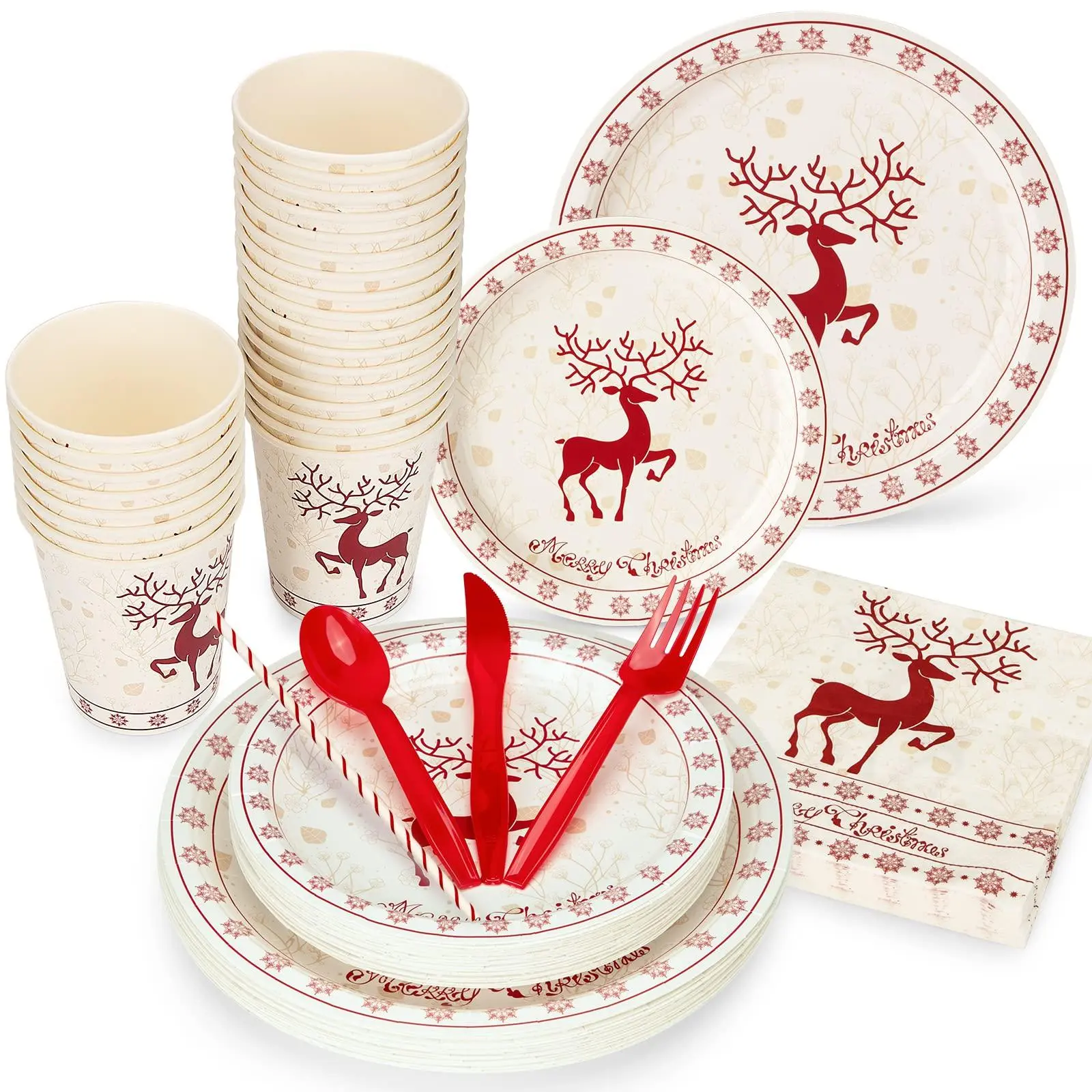 215 Pcs Christmas Disposable Dinnerware Set, Holiday Paper Plates & Cups. Includes Cutlery, Napkins, Straws. Red White Deer Design. Thick, Oil-Proof. For Party, Family Gathering, Office. Easy Cleanup