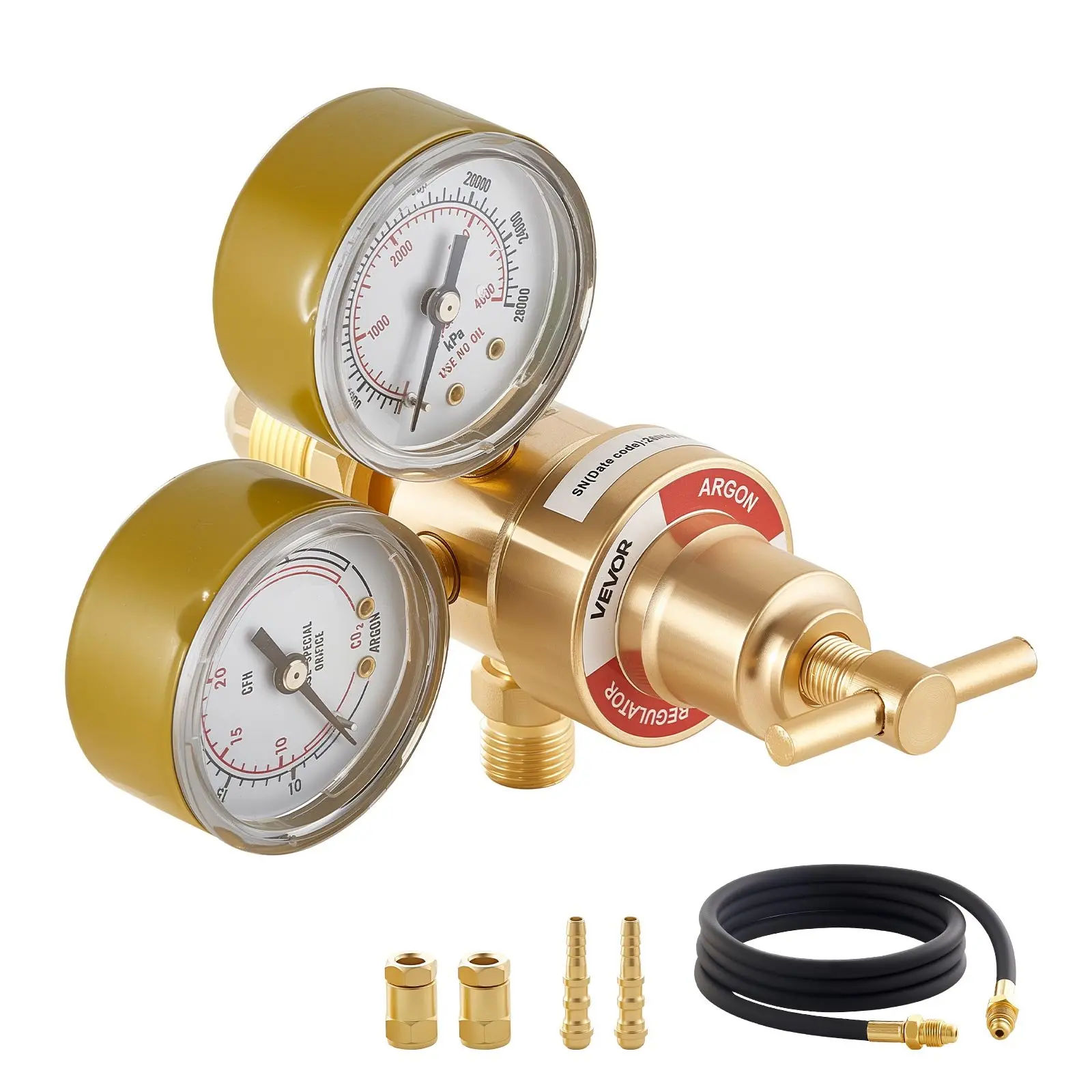 VEVOR Argon-CO2 Regulator Gauge for TIG/MIG Welding - 8.2FT Rubber Hose, 0-60 SCFH, 0-4000 PSI Inlet Pressure, CGA580 Inlet, Accurate Measurement, 125x105x90 mm, 2.4 lbs, 4.9x4.1x3.5 in, 9/16"-18 Rh To Unf 5/8"-18 Rh Adapter Port