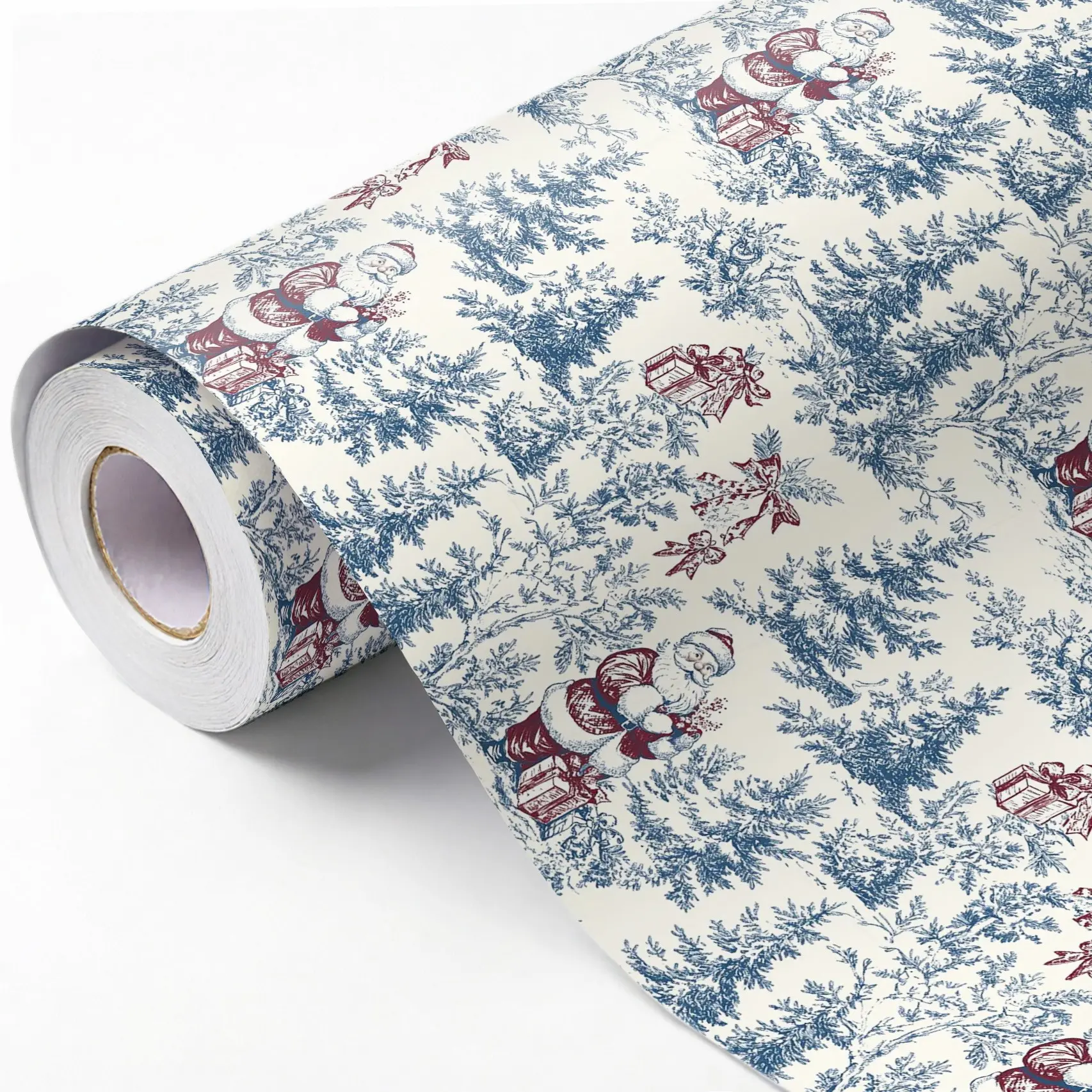 5m Blue Retro Christmas Wrapping Paper Roll, Santa Forest Pattern Gift Wrap, Ideal for Holiday Gifts, Party Decor, DIY Crafts