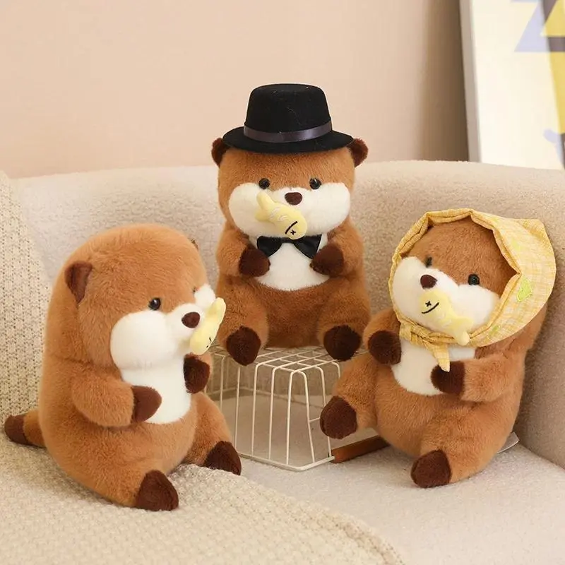 Cute Otter Plush Toy Stuffed Lifelike Lutra Animal with Fish Food Kawaii Otters Plushie Doll Birthday Gift