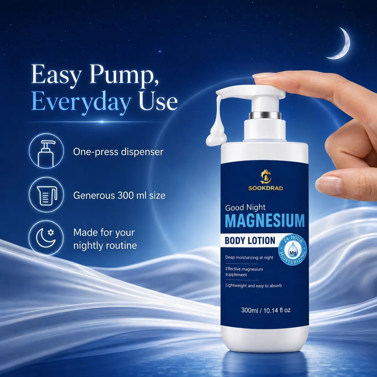 Good Night Magnesium Body Lotion, with magnesium, deep moisturizing, 24-hour moisturizing, lightweight, easy to absorb, body, night, 300ml/10.14 fl oz