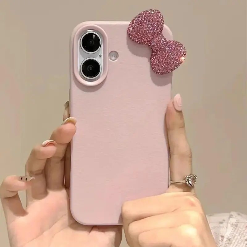 Cute 3D Diamond Bow Pink Leather Texture Phone Case for iPhone 16/15/14/13/12/11 Pro Max, XR, X, XS - Soft Impact-Resistant Bumper, Protective Shockproof Cover, Mobile Phone Accessories