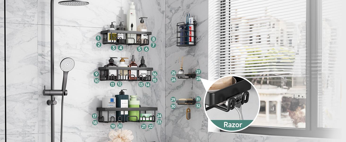 Shower Caddy 6-Pack, Advanced Rustproof Design, No Drilling Adhesive Shelves, Rack with Soap Holder, Large Capacity Bathroom Organizers and Storage, Wall-Mounted Kitchen & Home Decor
