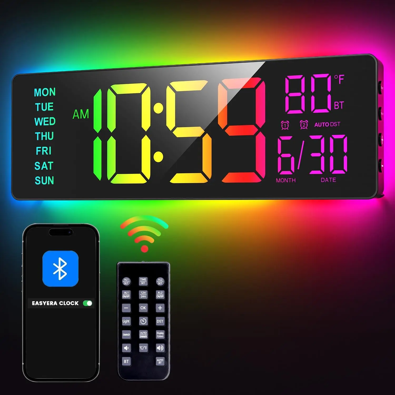 16.5" Large Wall Clock with BT Sync, 11 RGB Lights| 11 Scenes Mode Remote, Big LED Clock with Dual Alarms, Auto DST, Temperature for Classroom Gaming