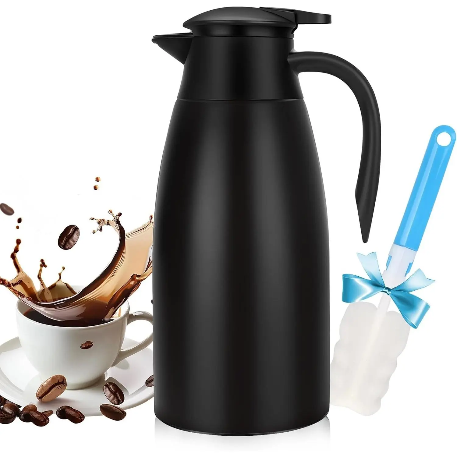 68OZ 2 Liter Stainless Steel Thermal Coffee Carafe, Double Wall Vacuum Insulated Pitcher Tea Pot, Keeps Coffee Tea Hot for 12 Hours, Black