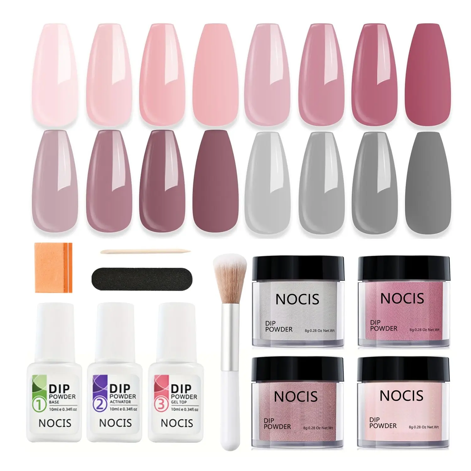 Nocis 4+3 Nail Dip Powder Kit, Complete Home Manicure Set, Includes Base Coat, Drying Agent, Top Coat, Tools, Soft, Rose