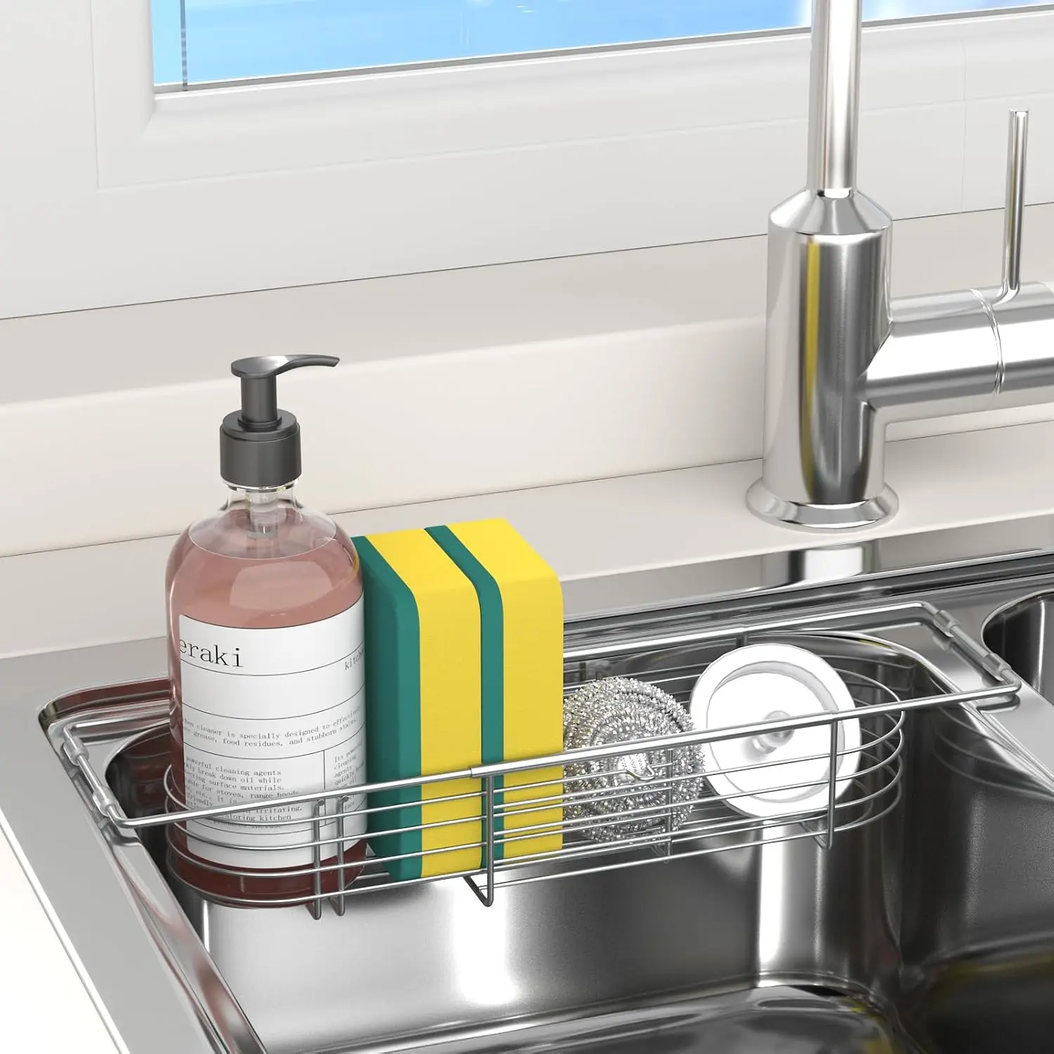 Sink  Sponge Holder Kitchen Sink Organizer, Telescopic sink organizer rack for kitchen Expandable 13.4" to 17.1", Stainless Steel