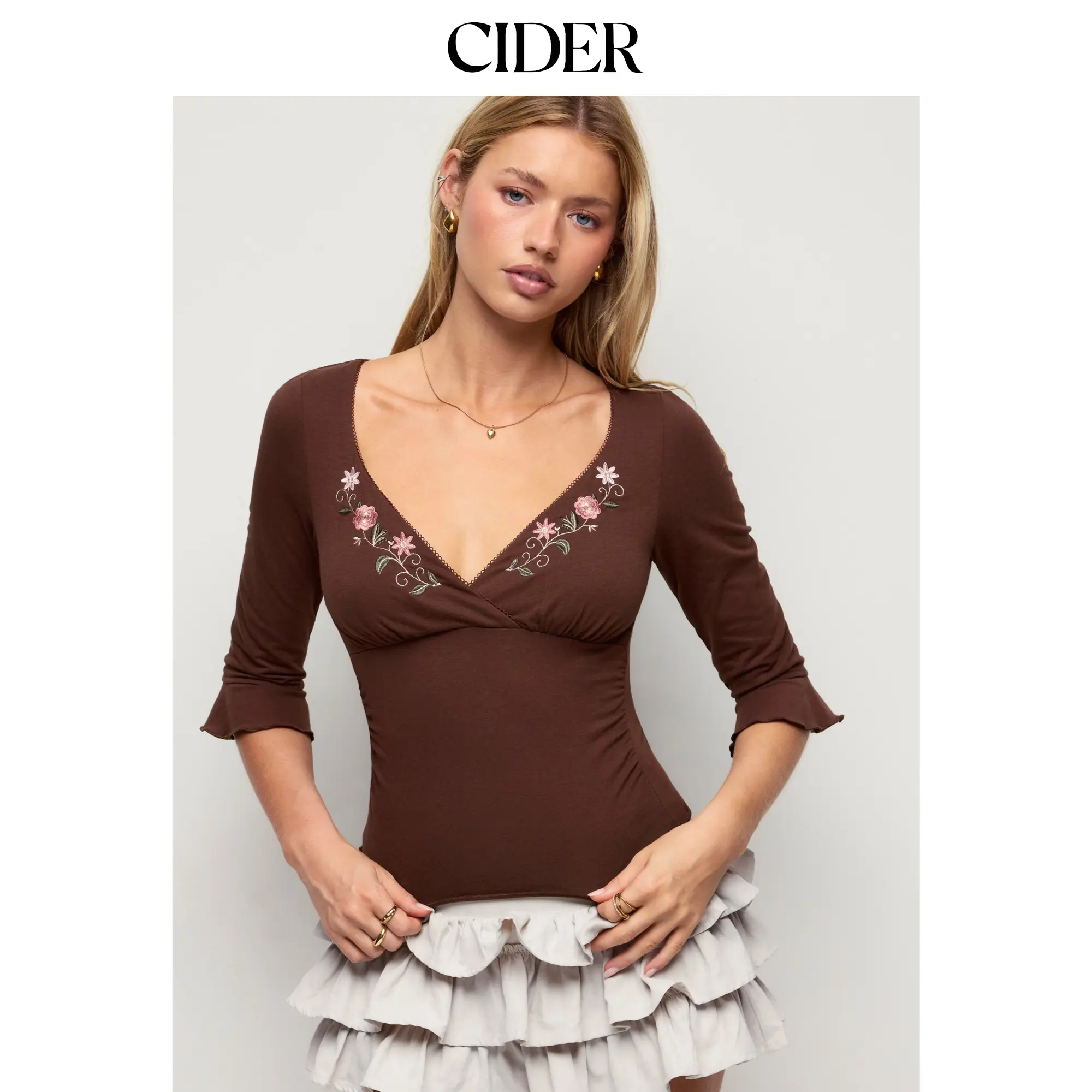 Cider Cotton-blend Floral Embroidery V-neck Bell Sleeve Ruched Crop Tee
