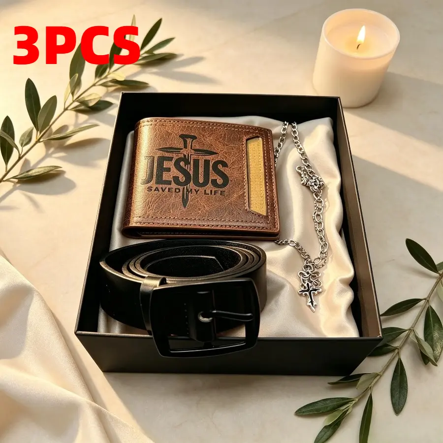 Christian Men's 3-Piece Religious Gift Set - Jesus Saved My Life Themed PU Wallet, Pin Buckle Belt, Cross Necklace - Gift Boxed Present for Father’s Day, Birthday