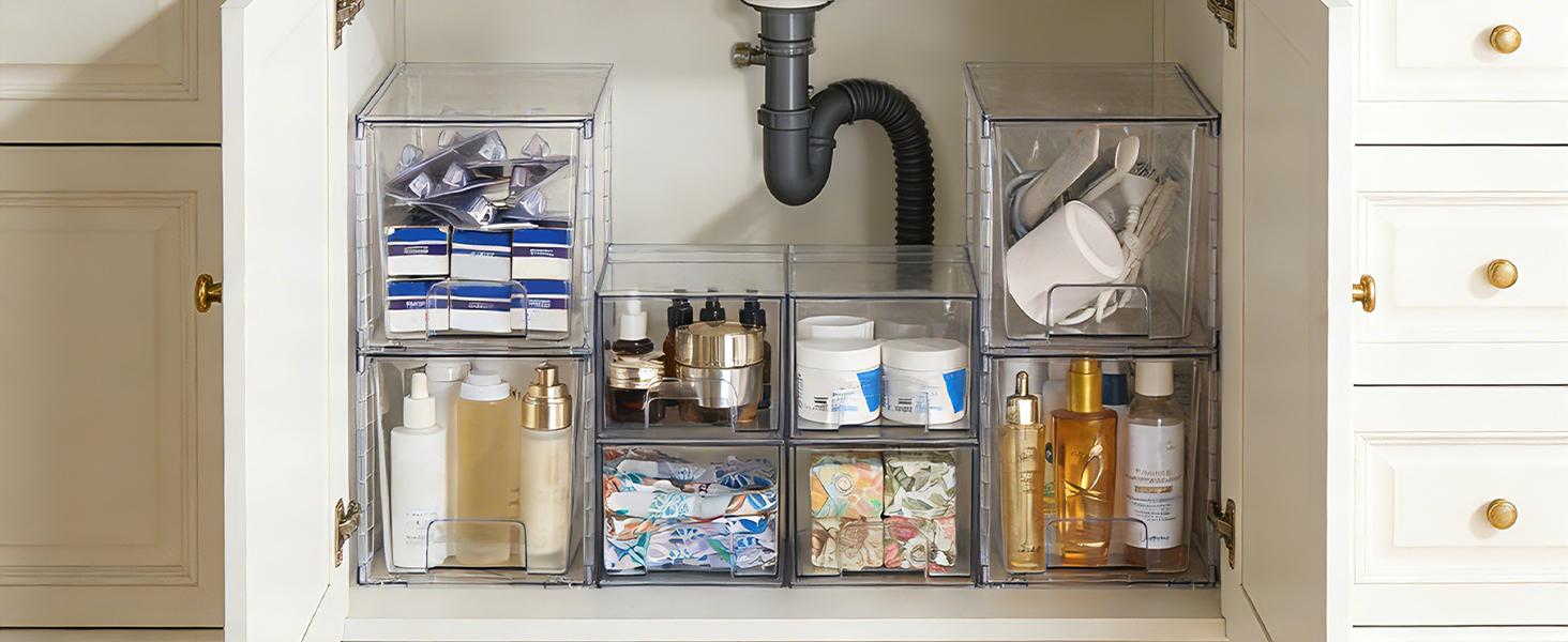 4 Pack Small Clear Stackable Storage Drawers,Acrylic Bathroom Makeup Organizer,Plastic Storage Bins For Vanity, Undersink, Kitchen Cabinets, Pantry, Home Organization