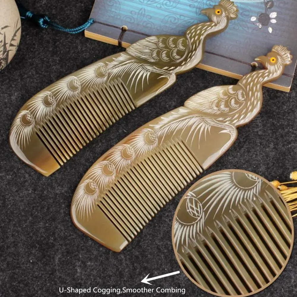 Natural Yak Ox Horn Comb, 100% Handmade, Double-Sided Engraving, Peacock Design, Anti-Static, Detangling, Hair Massage, 8 Inches, Gift for Women Girls