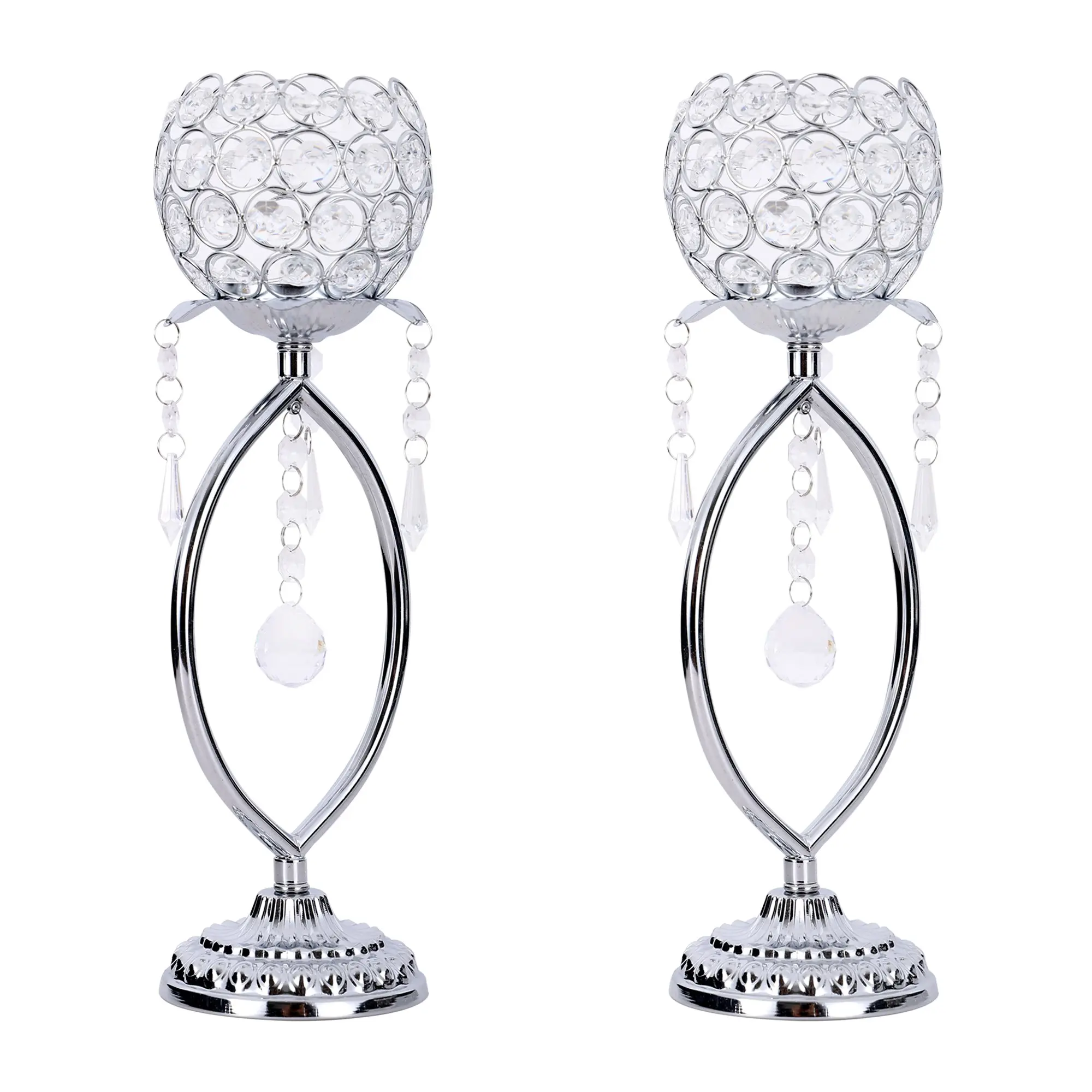 Elegant Silver Color Metal Crystal Tea Light Candle Holder with Crystal Pendant, Hollow Design, Wedding Table Centerpiece, Home Decor