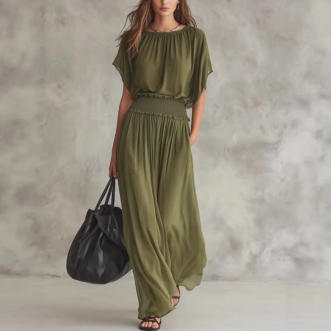 Women Elegant Smocked Waist Maxi Dress, Flowy Draped Chiffon Batwing Short Sleeve Round Neck Long Dress, Casual Party Vacation Loose Formal Long Gown carly