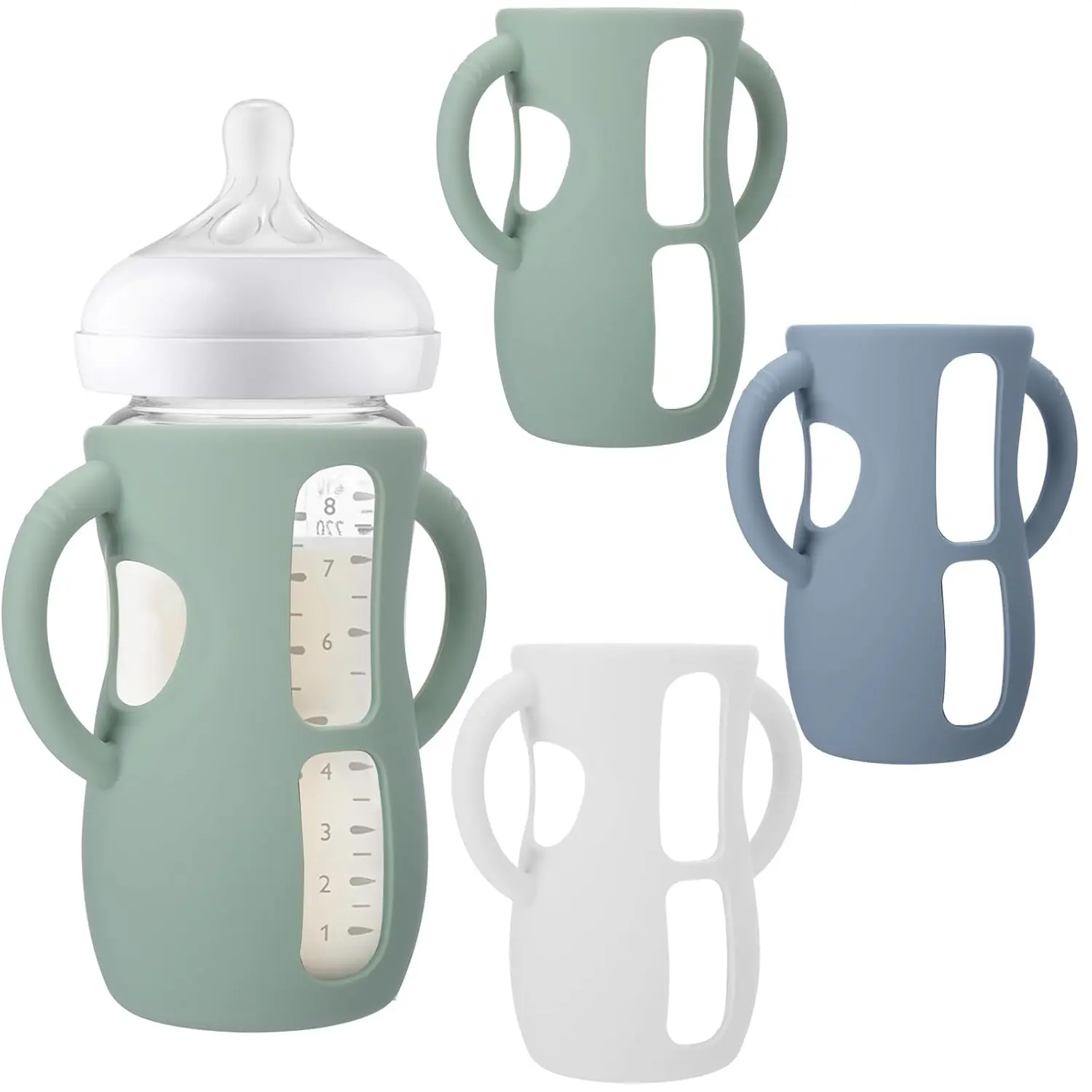 3 Pack Silicone Sleeves  Avent Baby Bottles - Anti Breakage Baby Bottle Holder with Handle,  with Avent Natural Glass Baby Bottles, 8 OZ goblet