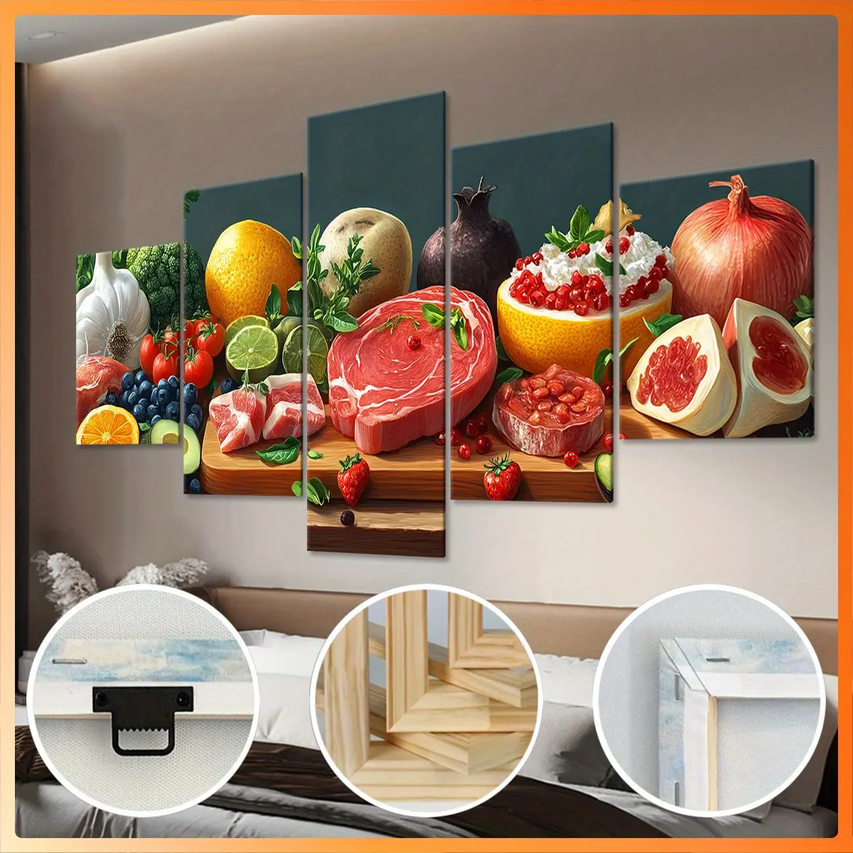 2D Flat, [2D Flat] 5-Piece Wooden Framed Canvas Art Set, Premium Food Ingredients Including Fruits, Vegetables And Meats For Kitchen, Stylish Poster, Home Decor Artwork, Pattern Wall Art Decoration, Suitable For Living Rooms, Bedrooms, Offices, Bar Wall