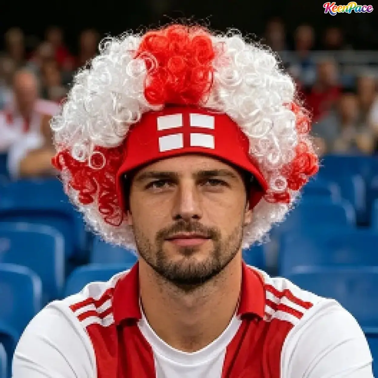 2026 New Adult English Football Fan Cheering Kit - 2Pcs St George's Cross Accessories Set (Red-White Fluffy Afro Curly Wig, Flag Print Headband, Cross Pattern Lens Sunglasses) for Match Celebrations, St George's Day Themed Parties, Wig + Glasses