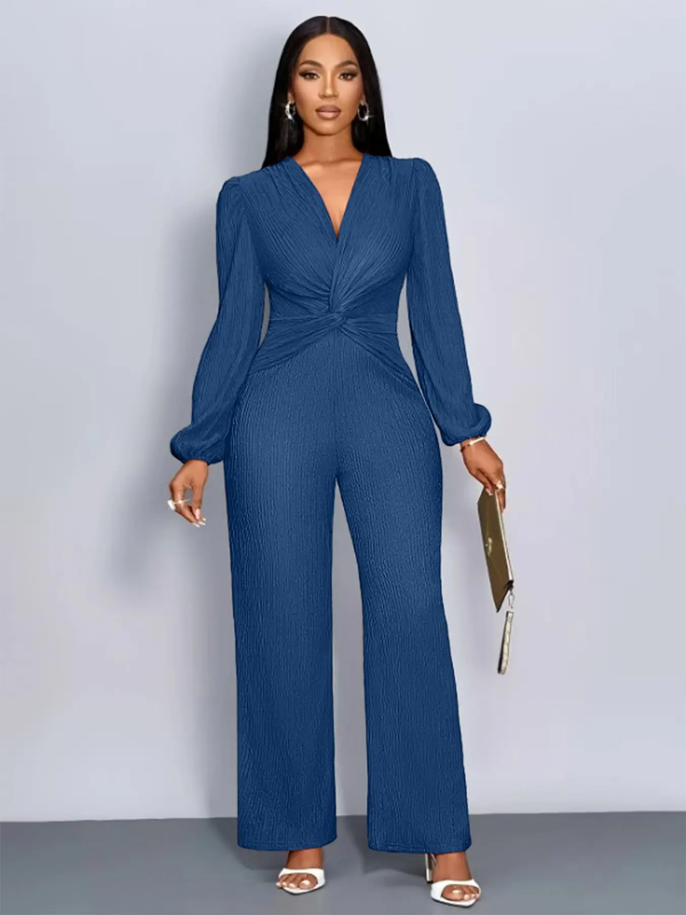 Deep V Knot Waist Romper for Women, Textured Pleated Long Sleeve Lantern Sleeve Wide Leg Pants, Slimming Party Style