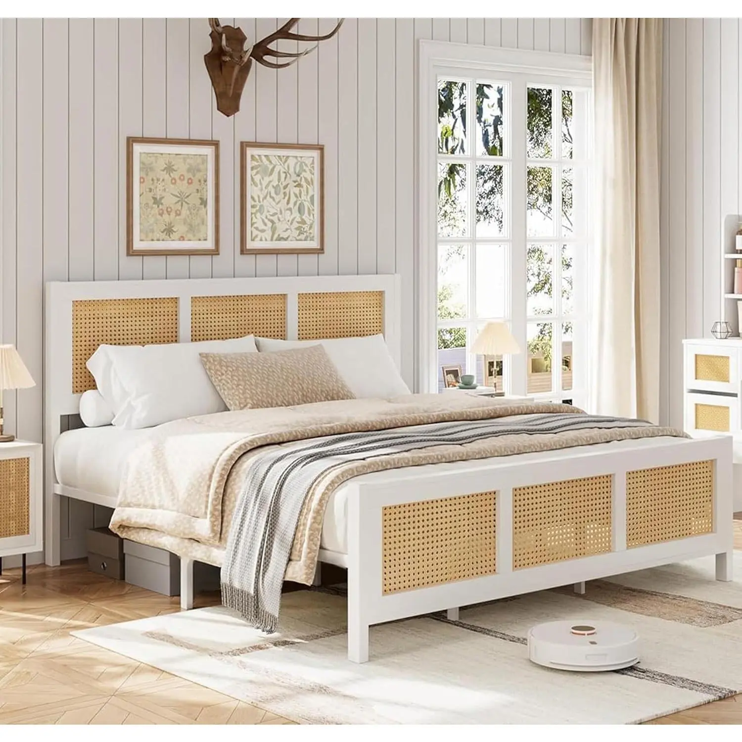 Full Size Boho Rattan Assembled Platform Bed Frame - White with Headboard, Heavy-Duty Steel Metal Skeleton Slats, Noise-Free, No Box Spring Needed, Smart Storage Heavy-Duty Steel Frame Bed, Assembled Beds, Heavy Duty Steel Frame Beds