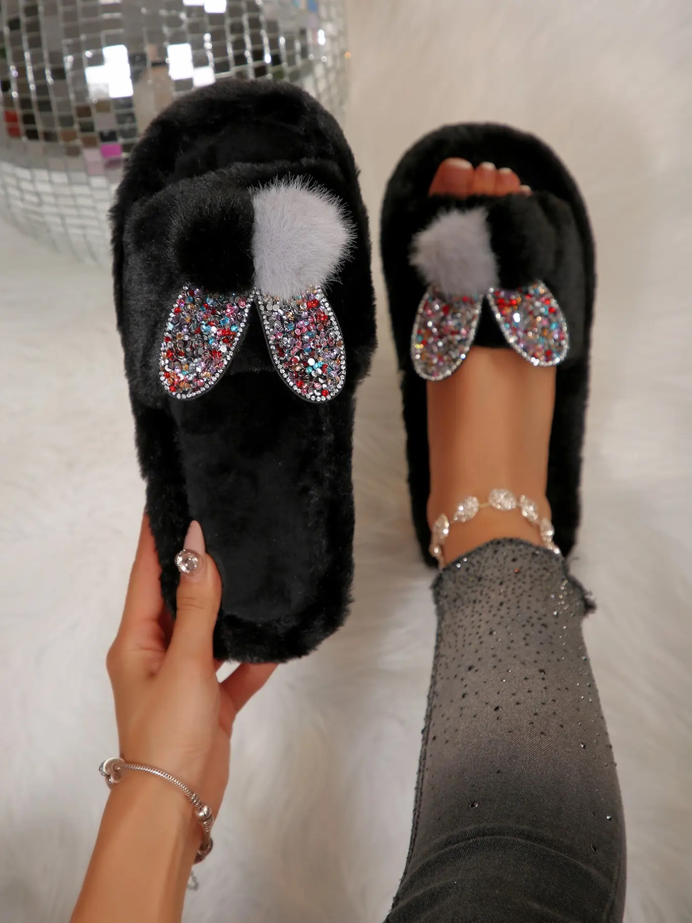 Colorful Rhinestone Bunny Ear Plush Slip-On Shoes, Thick Plush Upper, Anti-Slip Soft Sole, Casual Home Wear for Women