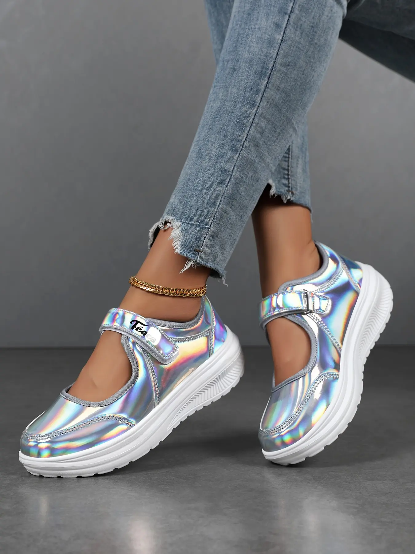 Women's Silver Color Mary Jane Sneakers, Wide Fit Adjustable Velcro, Shock Absorbing Eva Sole, Casual All-Season Comfort Shoes