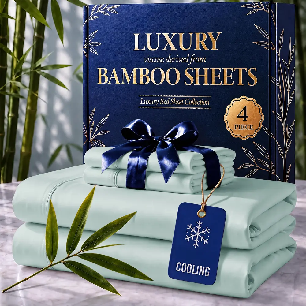 OS OMYSTYLE 4piece Extra Deep Pocket Bamboo Blend Bed Sheet Set, Breathable Ultra-Soft Luxury Sheets